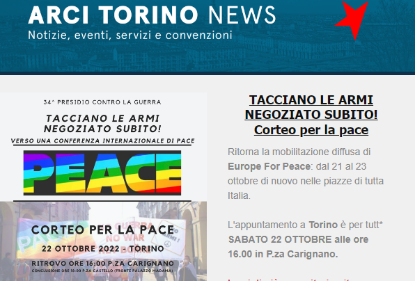 TORINO: Corteo per la Pace – Sabato 22 Ottobre alle ore 16 in Piazza Carignano